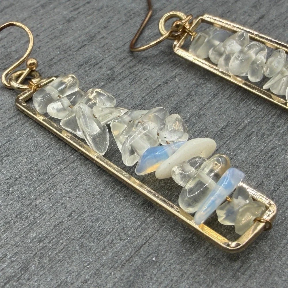 Gold Tone Clear Crystal Iridescent Chip Bar Drop Earrings Boho Statement Gift